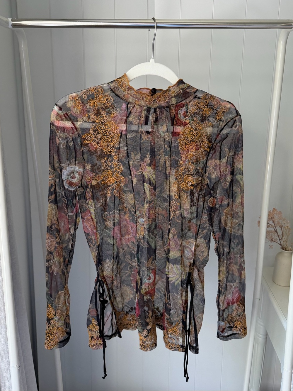Johnny Was Francisca Mesh Floral Lace-Embellished Blouse Black, Gold & Pink NWT